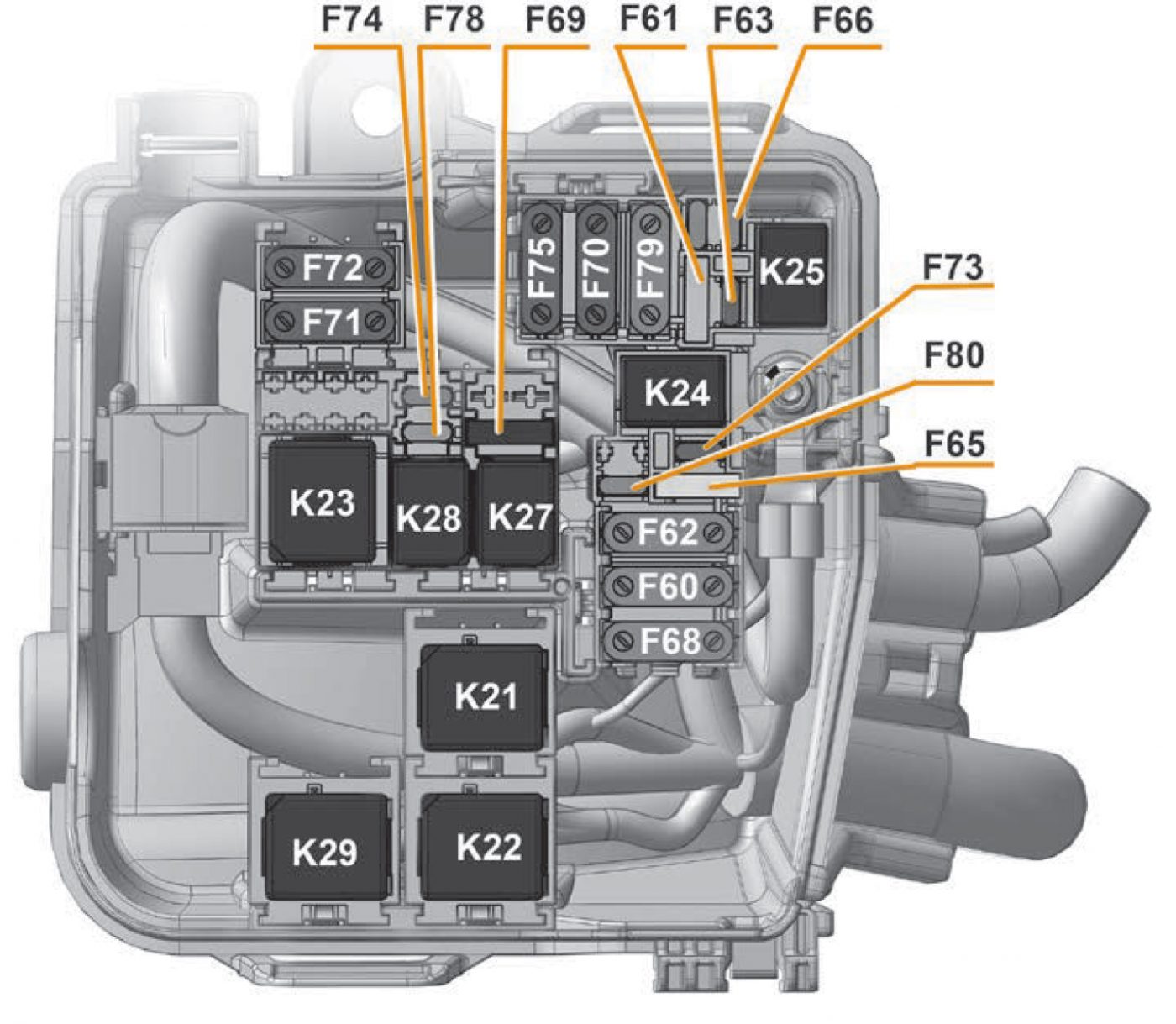 Рис. 1. Расположение предохранителей и реле в монтажном блоке моторного отсека