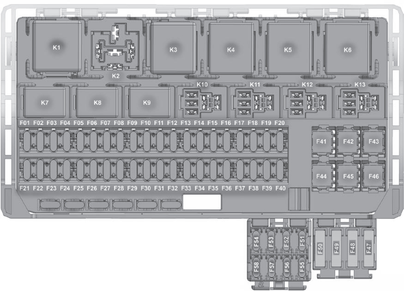 Рис. 3a. Расположение предохранителей и реле в монтажном блоке салона (в вариантном исполнении)
